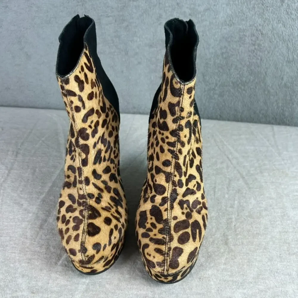 Kelsi Dagger Huette Leather Wedge‎ Platform Booties Size 8.5M Leopard Calf Hair